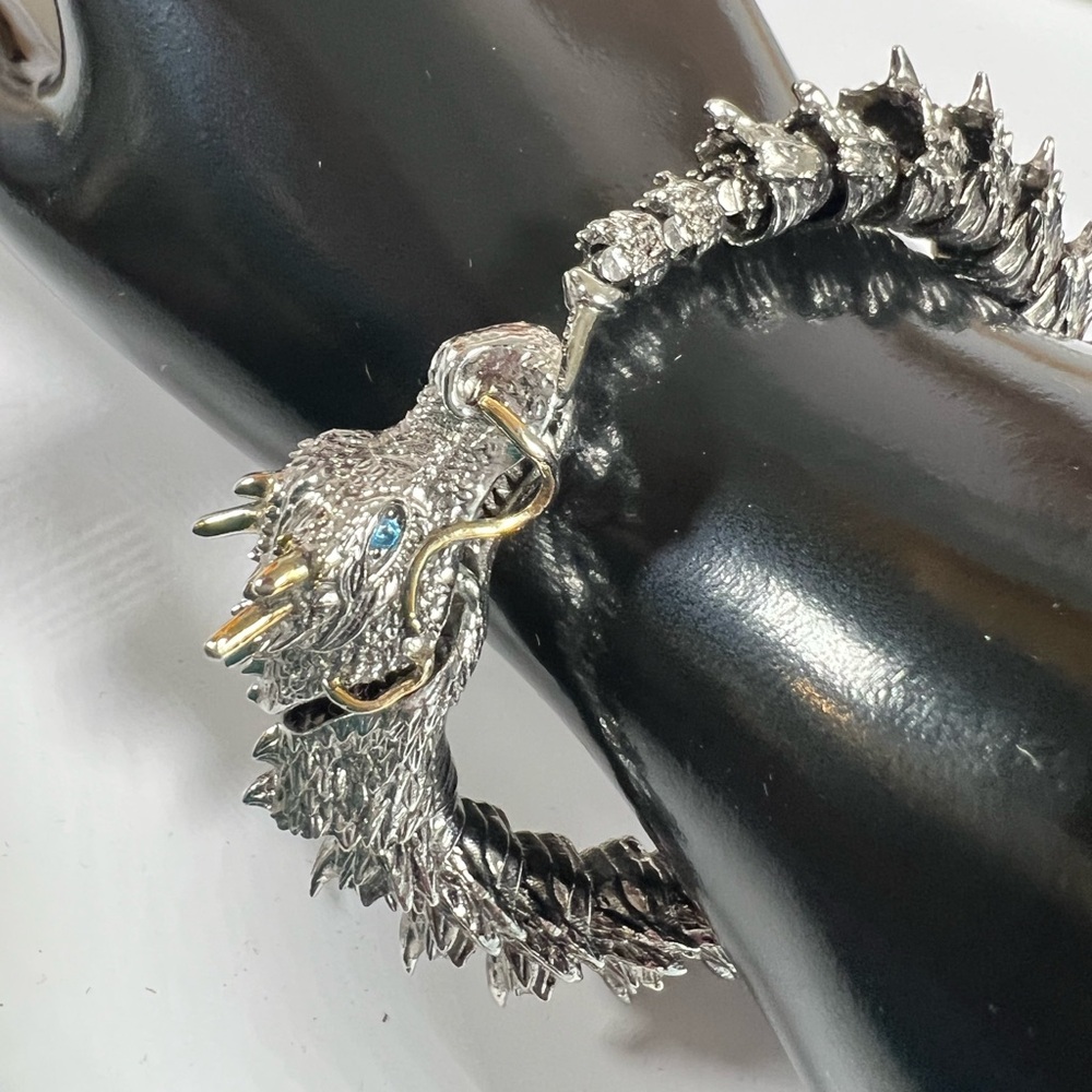 Pure silver S999 7inch Silver and Gold Dragon Bracelet Blue eyes